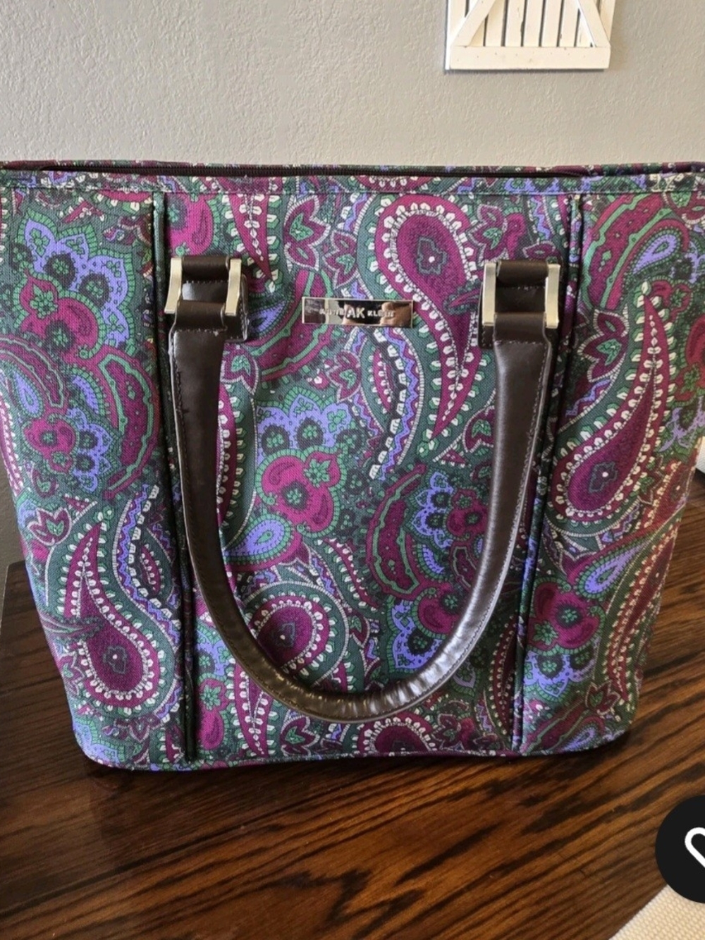 Anne Klein Purple and Brown Paisley Tote with Brown Handles